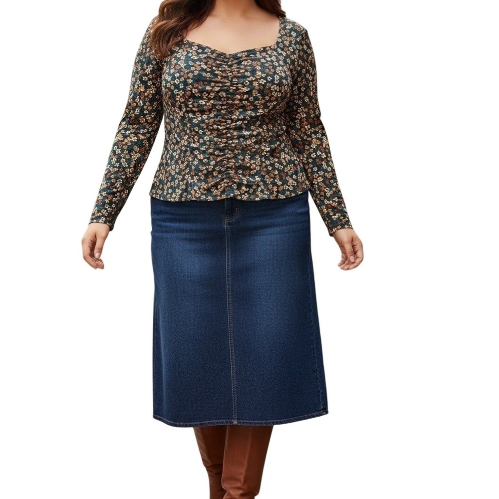Daniel Rainn Womens‎ 1X Teal Floral Ruched Sweetheart Neck Long Sleeve Mesh Top